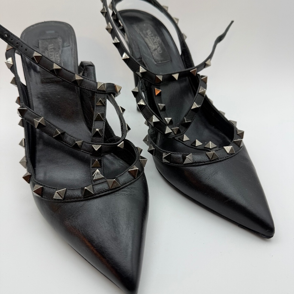 VALENTINO NOIR ROCKSTUD BLACK 100MM SLING BACK PUMPS SIZE 40.5